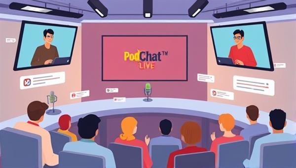 An illustration of a dynamic video podcast studio setup with hosts engaging with a live audience through video screens, chat bubbles, and interactive features, showcasing the interactive and engaging nature of PodChatLive.