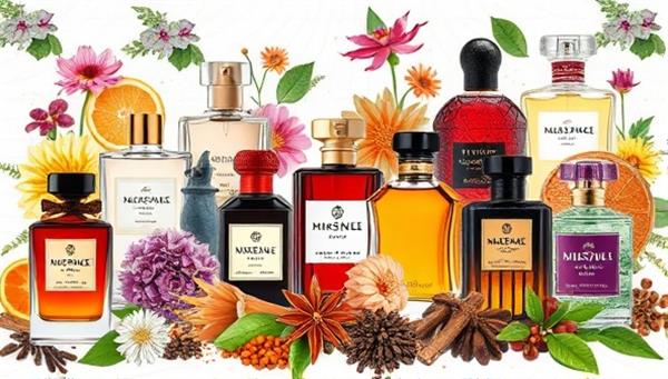 An artistic and aesthetic digital collage featuring a variety of perfume bottles, floral arrangements, exotic spices, and colorful scent profiles, creating a visual feast for the senses and evoking the world of luxury fragrances.