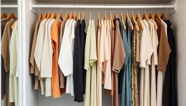 An aesthetically pleasing wardrobe closet filled with a variety of stylish and sustainable fashion pieces available for rent on EcoChicRentals, showcasing the elegance and eco-consciousness of the rental service through high-quality imagery.