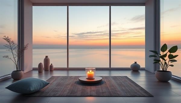 A serene virtual space with calming visuals and mindful elements, symbolizing the peaceful and supportive environment offered by MindfulMentors for mental wellness coaching sessions, promoting relaxation and emotional well-being.