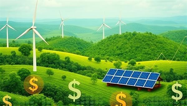 An artistic representation of a lush green landscape with wind turbines and solar panels, intertwined with financial symbols like dollar signs and growth charts, symbolizing the harmonious blend of sustainability and financial prosperity at GreenGrowth Investments.