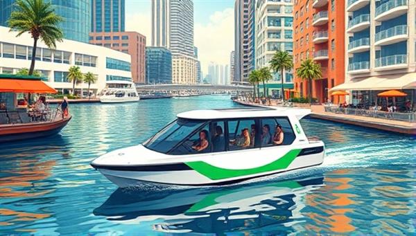 A picturesque illustration of an electric water taxi gliding through a vibrant urban waterfront with passengers enjoying the panoramic views and modern amenities onboard, capturing the essence of AquaShuttle Electric
