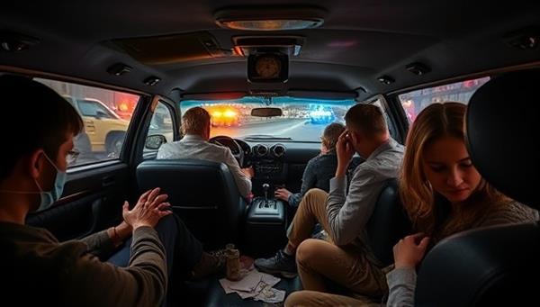 An immersive escape room scene set in a vintage car interior, with participants engrossed in solving puzzles, mysterious clues scattered around the room, a countdown clock adding suspense, creating a thrilling and interactive atmosphere.