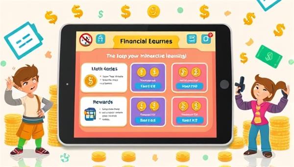An engaging game interface with financial challenges, quizzes, and rewards displayed on a tablet screen, surrounded by animated characters and financial symbols, symbolizing interactive learning and financial mastery.