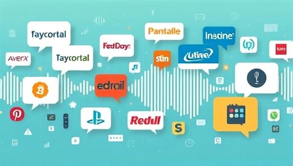 An artistic representation of sound waves and speech bubbles intertwining with brand logos and product images, illustrating the interactive and engaging nature of voice-activated advertising in a visually captivating manner.