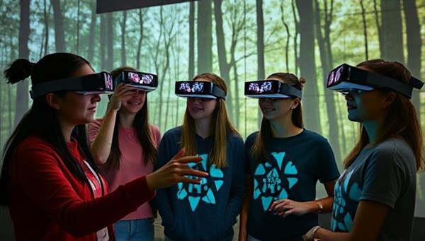 A group of workshop participants wearing AR glasses, immersed in a digital forest setting, interacting with virtual story elements projected around them, illustrating the engaging and interactive nature of the workshops.