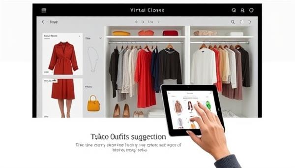 A sleek and modern virtual closet interface displaying outfit suggestions, color palettes, and fashion accessories, with a user interacting with the platform on a tablet, showcasing the convenience and customization of virtual styling.