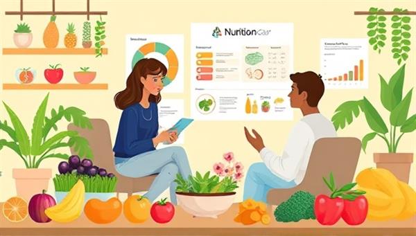 An inviting digital illustration depicting a nutrition coaching session with a client discussing meal plans and healthy eating habits, surrounded by colorful fruits, vegetables, and nutritional charts to convey a sense of nourishment and balanced nutrition coaching.