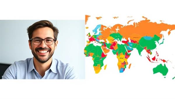 A split-screen image showing a smiling person speaking on a video call with a language tutor on one side and a vibrant world map with language icons representing different countries on the other side, symbolizing global communication and cultural exchange.