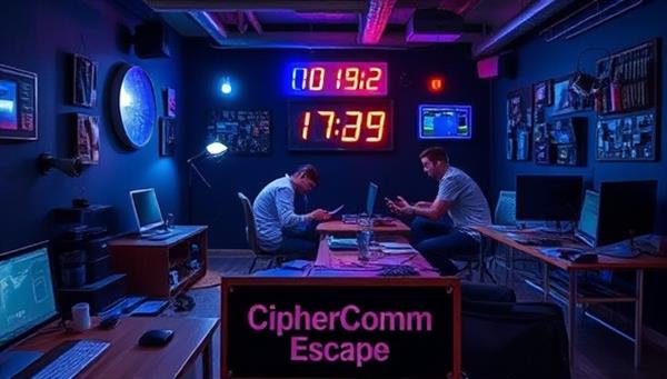 An immersive escape room setup with tech puzzles and gadgets scattered around, participants collaborating to solve a communication-themed challenge, a countdown clock ticking away, and a sign at the entrance welcoming players to the CipherComm Escape, creating an adrenaline-pumping and engaging tech escape room atmosphere.