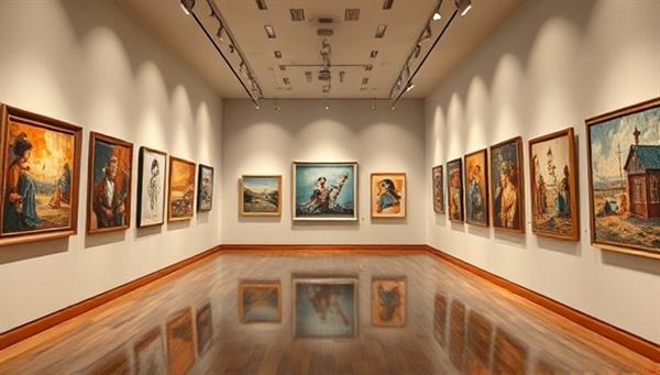 An immersive digital gallery space featuring a collection of diverse artworks displayed on virtual walls, with interactive elements for users to zoom in, view details, and experience the beauty of art online, inviting art enthusiasts into a virtual art world.