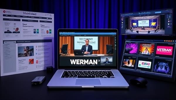 A virtual event setup with a laptop displaying a live webinar or conference, surrounded by event planning tools, mood boards, and virtual stage designs, conveying professionalism and expertise in virtual event management.