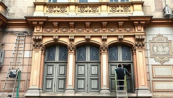 An antique building facade undergoing meticulous restoration work by skilled craftsmen, using traditional tools and techniques, with a focus on preserving the intricate details and historical significance of the architecture, evoking a sense of heritage conservation and craftsmanship.