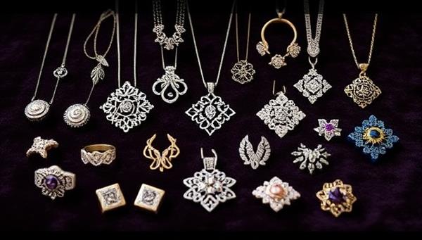 An elegant display of intricate 3D printed jewelry pieces in various designs and colors, arranged on a velvet backdrop under soft lighting to showcase the craftsmanship and customization options available at Printed Bling Boutique.