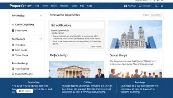 An interactive platform interface displaying personalized procurement opportunities, bid notifications, and success stories of businesses securing government contracts through ProcureConnect, showcasing transparency and opportunity.