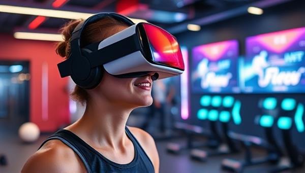 An individual wearing VR fitness gear, immersed in a virtual reality workout environment with futuristic gym equipment and interactive fitness challenges, illustrating the seamless integration of technology and fitness for an engaging workout experience.