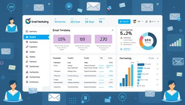 An email marketing dashboard displaying personalized email templates, segmented customer lists, and performance metrics, surrounded by digital representations of customer profiles and engagement metrics, illustrating the service