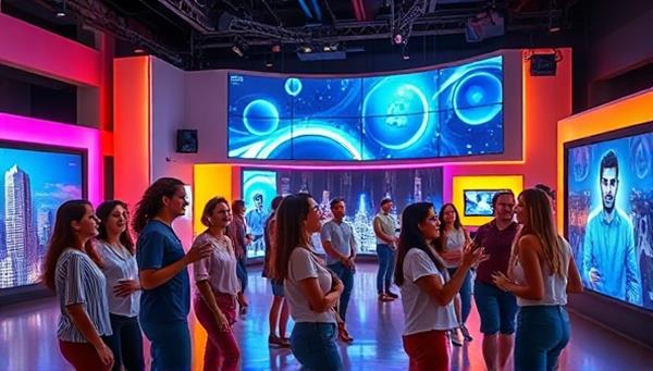 A vibrant and colorful studio interior with people of diverse backgrounds interacting joyfully with AR/VR displays and interactive advertisements, showcasing a futuristic and engaging atmosphere.