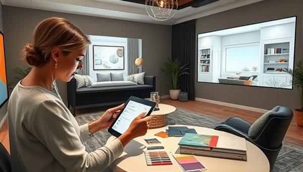 An elegant virtual design studio setup with a designer sketching on a tablet, surrounded by color swatches, fabric samples, and inspirational design books. The backdrop features a beautifully designed room rendered on a large screen, illustrating the virtual design process.