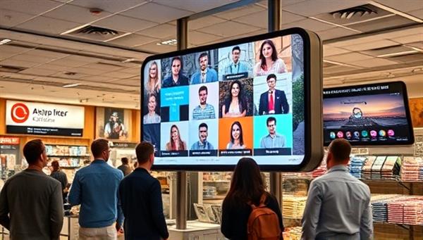 An advanced digital signage display in a busy retail setting showing targeted ads to different demographic groups, with AI algorithms optimizing content in real time, creating a dynamic and engaging viewing experience for customers.