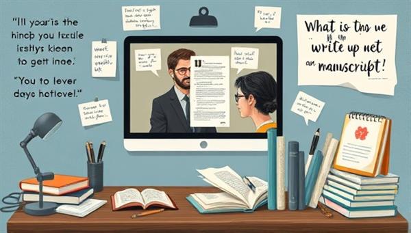 An artistic representation of a virtual mentorship session, featuring a mentor providing feedback to a writer on a manuscript via video call, surrounded by digital writing tools, inspirational quotes, and supportive resources, fostering a collaborative and encouraging environment for creative growth and development.
