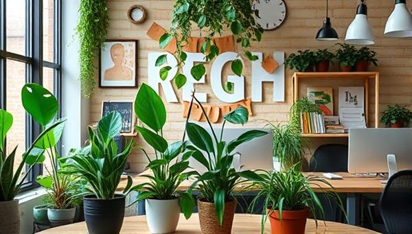 An eco-friendly office setup with plants, recycled paper decor, and energy-efficient lighting, conveying a sustainable and environmentally conscious workspace.