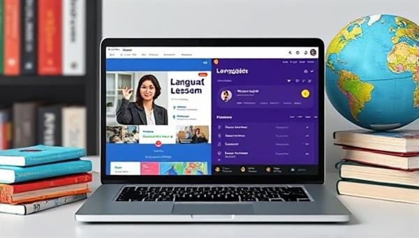 A laptop screen split into two sections, one showing a virtual language lesson with a tutor and the other displaying language exercises and a progress tracker, surrounded by foreign language textbooks and a globe, symbolizing the global reach and educational aspect of the platform.