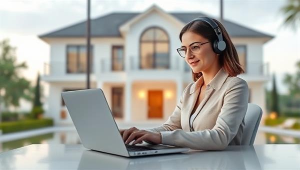 A virtual assistant working remotely on a laptop, with a virtual background of a luxurious property, symbolizing support and efficiency in real estate tasks.