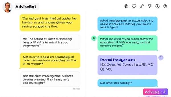 An interactive chat interface with AdViseBot providing advertising recommendations and insights to a user, with colorful dialogue bubbles and data visualizations, illustrating the AI chatbot