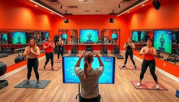 A vibrant virtual fitness studio environment with diverse workout stations, energetic trainers leading a group workout session, and participants monitoring their progress on digital screens, creating a dynamic and motivating fitness experience in a digital space.