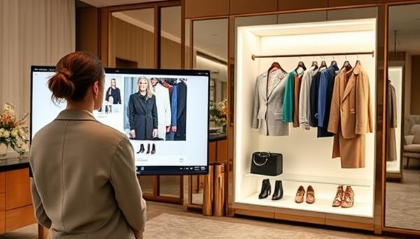 An elegant virtual styling session setup with a stylist showcasing outfit options on a digital screen, a client providing feedback through video chat, and a virtual closet displaying curated fashion pieces and accessories, evoking a personalized and luxurious virtual shopping experience.
