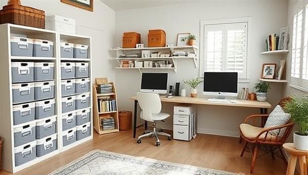 An inviting and organized home office space with labeled storage bins, a clutter-free desk, and a cozy reading nook, showcasing the transformation from chaos to order through virtual home organization services.