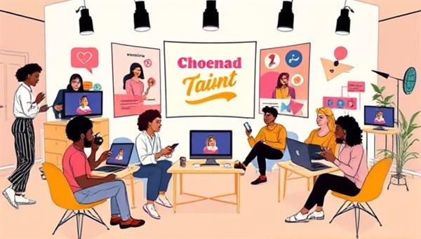 A vibrant virtual talent agency setup showcasing a diverse group of content creators, digital artists, and influencers collaborating on creative projects, attending virtual brand pitch meetings, and engaging with their audience online, illustrating a dynamic and supportive content creator community.