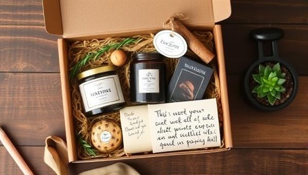 An aesthetically pleasing flat lay of a personalized gift box with items like scented candles, artisan chocolates, a handwritten note, and a small potted plant, exuding warmth and thoughtfulness.