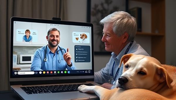 A captivating visual of a virtual veterinary consultation in progress, with a pet owner and a veterinarian engaging in a video call, displaying warmth and professionalism in the interaction, with a pet companion resting nearby, illustrating the convenience and care of PawCare Connect