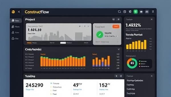 A digital dashboard interface of ConstructFlow displaying project timelines, budget trackers, and team collaboration features, illustrating the platform