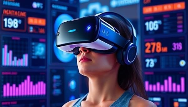 An individual wearing a VR headset, immersed in a virtual fitness environment surrounded by digital workout stats and motivational cues, showcasing a futuristic and dynamic workout experience.