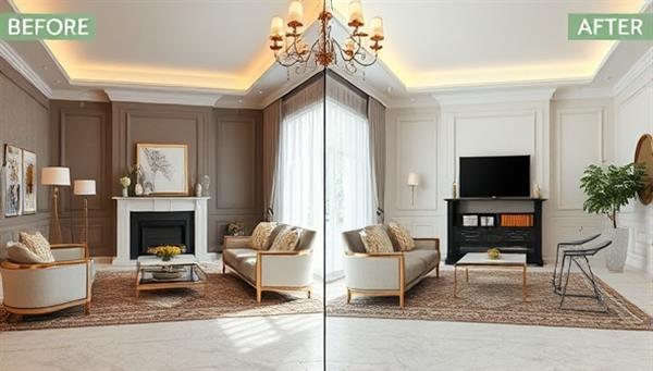 An elegant virtual room visualization with before-and-after design transformations, showcasing the impact of virtual interior design consultations in enhancing living spaces and inspiring clients.