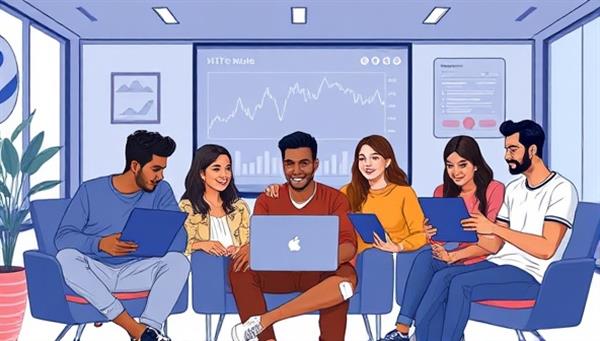 An engaging virtual meeting room illustration with diverse and enthusiastic millennials discussing stocks and investments on their laptops and tablets, showcasing collaboration, learning, and community engagement within the Millennial Moguls platform.