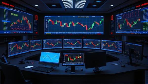 An immersive visual of a digital trading room with multiple screens displaying forex charts, currency pairs, and trading indicators, creating a dynamic and realistic trading environment for users to practice and learn in a risk-free setting.