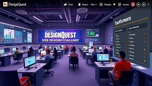 An immersive virtual world showcasing a diverse group of designers engaged in a web design challenge, with digital tools, design elements, and a leaderboard displaying top performers, highlighting the competitive and interactive nature of DesignQuest