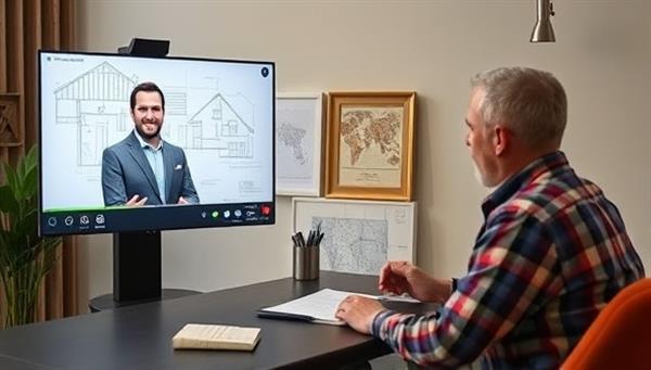 A virtual consultation setup featuring a construction expert providing advice and insights to a homeowner via video call, with architectural plans and project blueprints displayed on the screen, creating a collaborative and informative consultation experience for DIY enthusiasts and project owners seeking expert guidance.