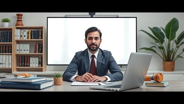 A virtual meeting scene with a professional legal consultant engaging in a video consultation with a client, surrounded by legal books and a laptop, conveying a modern and efficient legal service experience.
