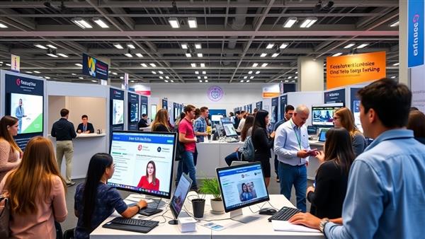 A virtual career fair setting with students interacting with career coaches through virtual booths, attending webinars on career planning, and networking virtually with potential employers, showcasing a dynamic and engaging career coaching platform.