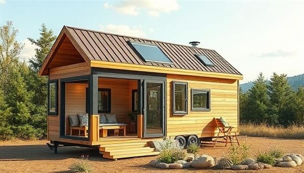 An artistically designed tiny home model showcasing innovative space-saving features, eco-friendly materials, and a stylish interior layout, set against a backdrop of nature to emphasize the connection between sustainable living and minimalist design.