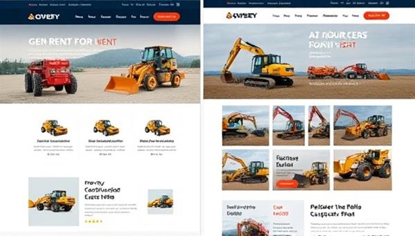 An engaging website layout featuring a variety of construction equipment available for rent, displayed with clear images, specifications, and rental prices, creating a user-friendly and informative rental marketplace experience.