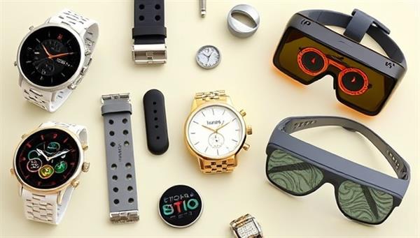 An image displaying a collection of customized smart wearable tech accessories like smartwatches with interchangeable bands, fitness trackers with personalized engraving, and AR glasses with unique design patterns, illustrating the blend of technology and personalization in the products.