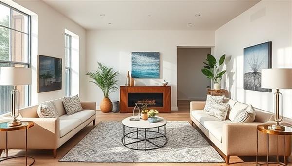 An image of a beautifully staged living room in a modern home, featuring stylish furniture, decorative accents, and natural light, showcasing the impact of interior design on property presentation.