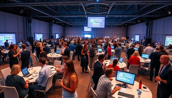 An immersive virtual event setup with digital avatars networking, attending sessions, and engaging in interactive activities, conveying the dynamic and innovative nature of virtual events.