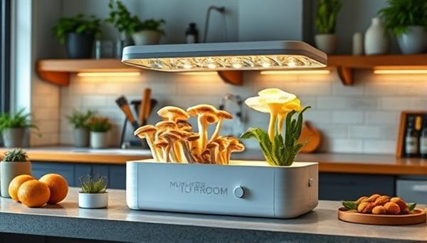 An inviting kitchen scene with a sleek indoor mushroom cultivation kit displayed on a countertop, showcasing the growth stages of gourmet mushrooms in a stylish and modern setting, appealing to home chefs and urban gardeners alike.